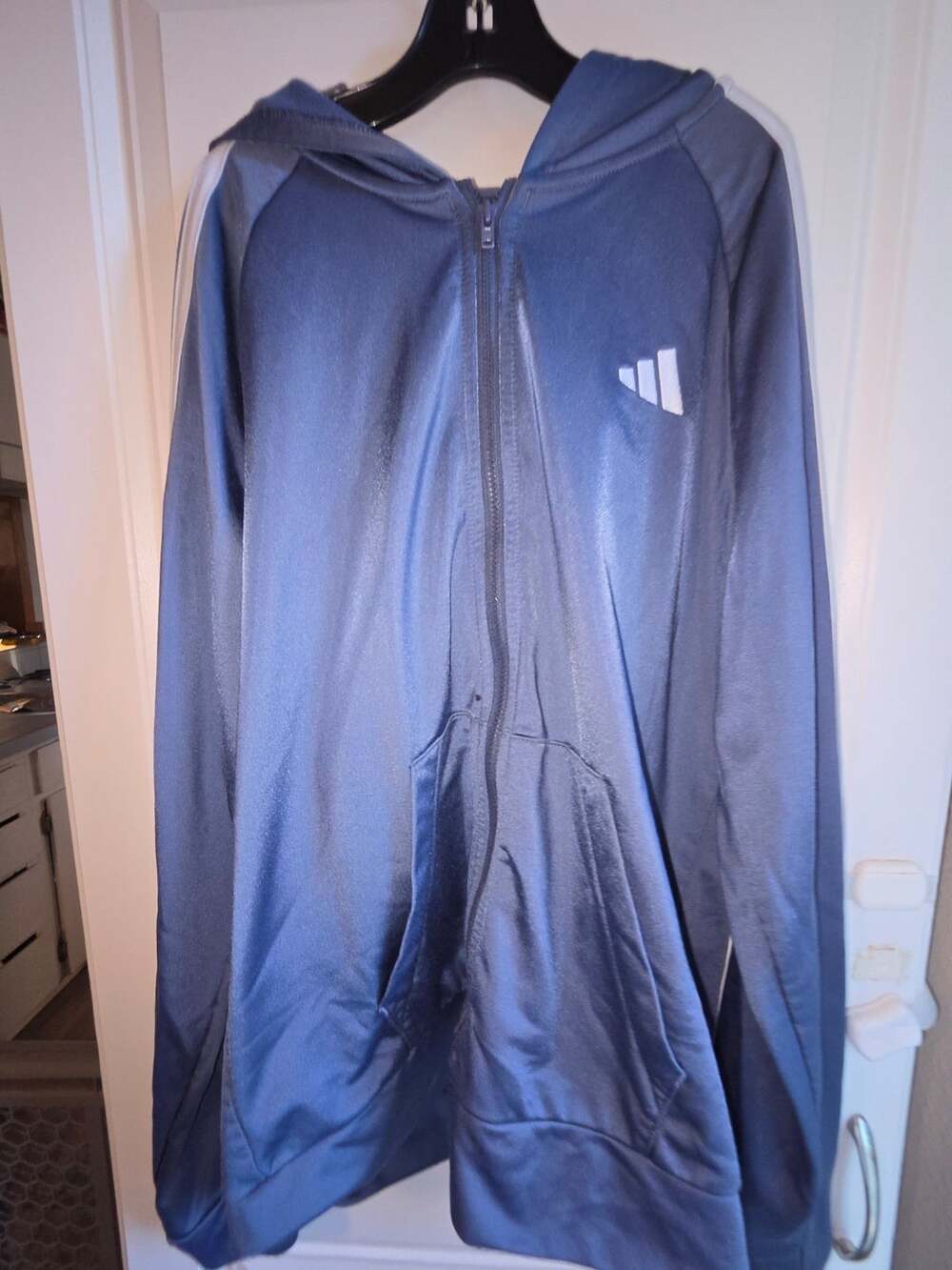 Adidas Full Zip Hoodie Size L 14/16 Blue Tricot 3-Stripes Track Jacket